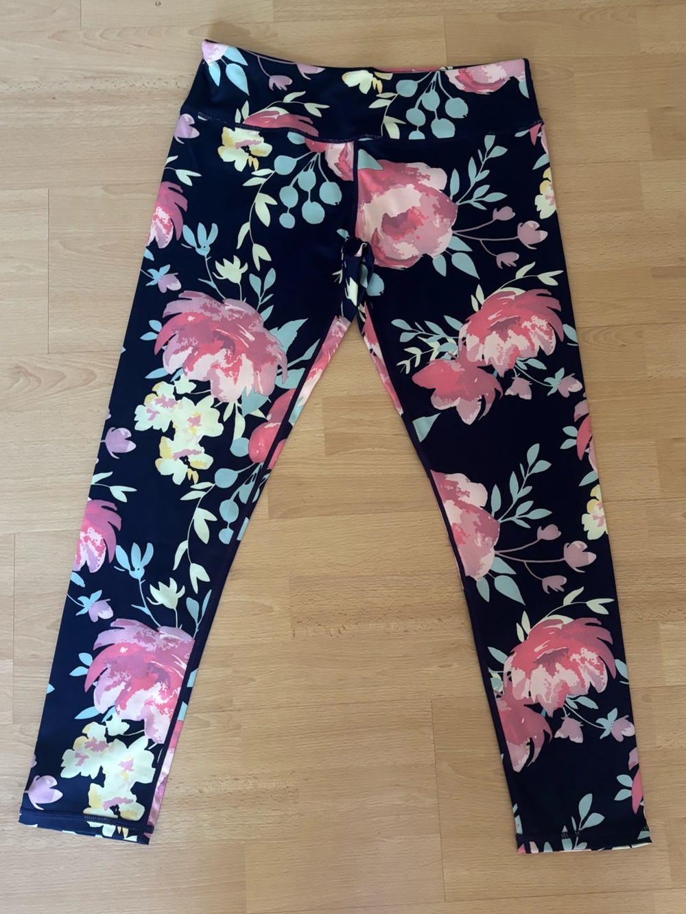 Women’s Dark Blue Floral Leggings with Pink & Mint Blooms